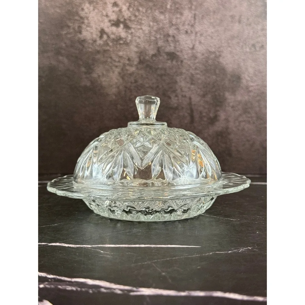 VTG Anchor Hocking Cut Glass 6 3/4in Round Butter Dish with Lid